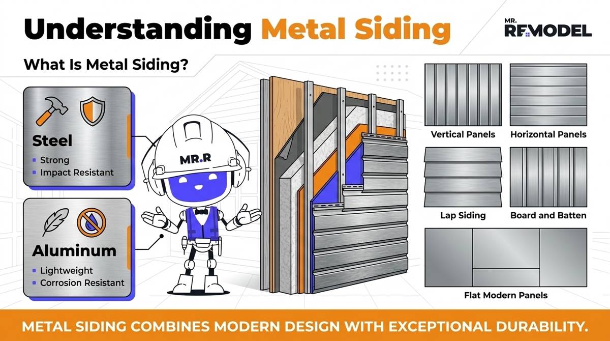 Overview infographic explaining metal siding, its two primary types, and the most common residential panel styles.